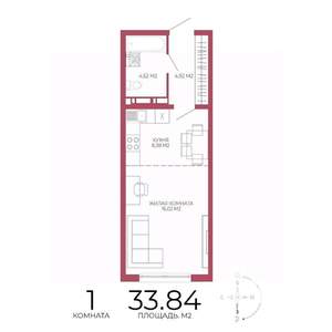 1-к квартира, строящийся дом, 34м2, 9/18 этаж
