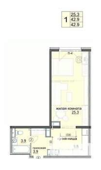 1-к квартира, строящийся дом, 43м2, 3/18 этаж