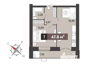 1-к квартира, строящийся дом, 48м2, 13/16 этаж