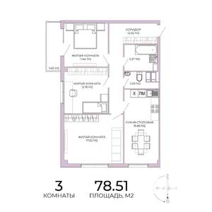 3-к квартира, строящийся дом, 79м2, 13/17 этаж