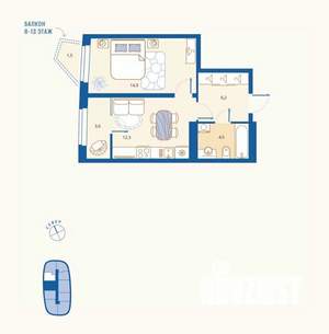 1-к квартира, вторичка, 42м2, 14/16 этаж