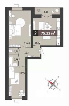 2-к квартира, вторичка, 75м2, 14/16 этаж