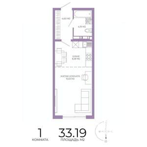 1-к квартира, строящийся дом, 33м2, 7/17 этаж