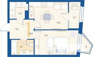 1-к квартира, вторичка, 47м2, 4/16 этаж