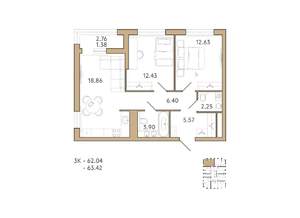 2-к квартира, вторичка, 63м2, 16/18 этаж