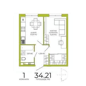1-к квартира, строящийся дом, 34м2, 17/18 этаж
