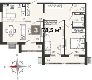 3-к квартира, вторичка, 79м2, 7/16 этаж