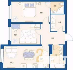 2-к квартира, вторичка, 63м2, 2/16 этаж