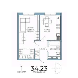 1-к квартира, строящийся дом, 34м2, 6/18 этаж