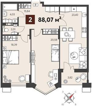 2-к квартира, вторичка, 88м2, 2/18 этаж