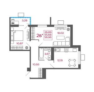 2-к квартира, вторичка, 59м2, 3/17 этаж