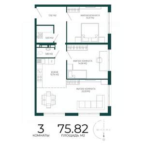 3-к квартира, строящийся дом, 76м2, 13/17 этаж