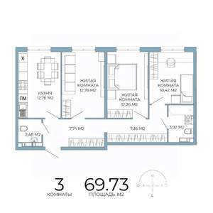 3-к квартира, строящийся дом, 70м2, 2/18 этаж
