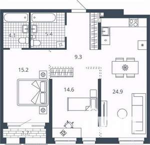 2-к квартира, вторичка, 74м2, 6/24 этаж