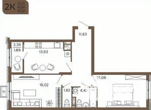 2-к квартира, вторичка, 65м2, 4/17 этаж