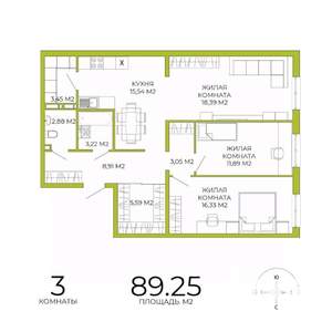 3-к квартира, строящийся дом, 89м2, 13/18 этаж