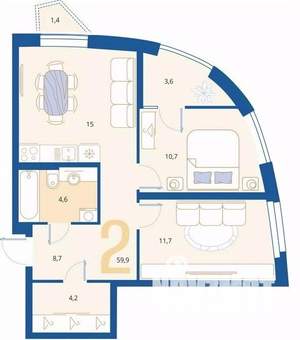 2-к квартира, вторичка, 60м2, 12/16 этаж