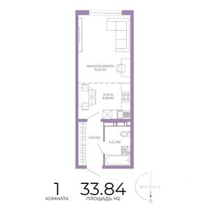1-к квартира, строящийся дом, 34м2, 6/17 этаж