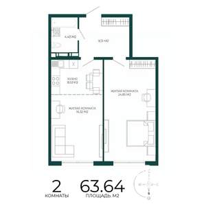 2-к квартира, вторичка, 64м2, 11/17 этаж