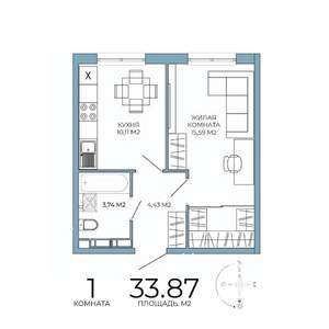 1-к квартира, строящийся дом, 34м2, 2/18 этаж
