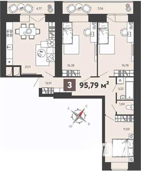 3-к квартира, вторичка, 96м2, 1/16 этаж