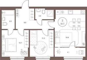 2-к квартира, вторичка, 66м2, 8/16 этаж