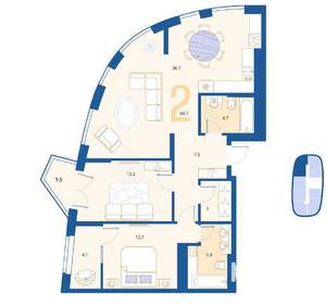 2-к квартира, вторичка, 90м2, 15/16 этаж