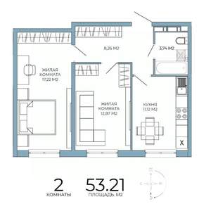 2-к квартира, строящийся дом, 53м2, 7/18 этаж