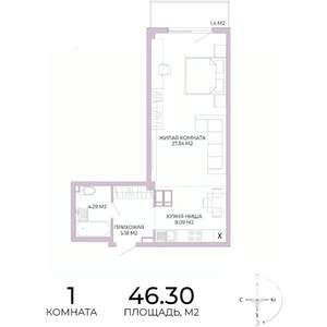 1-к квартира, строящийся дом, 46м2, 6/17 этаж