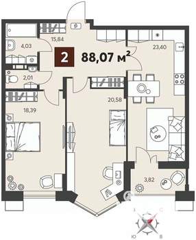 2-к квартира, вторичка, 88м2, 3/18 этаж