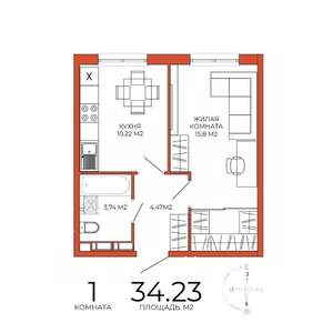 1-к квартира, вторичка, 34м2, 11/18 этаж
