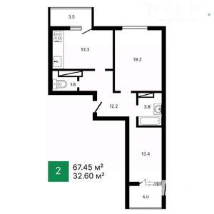 2-к квартира, вторичка, 67м2, 8/16 этаж