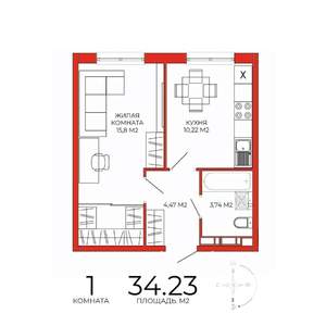 1-к квартира, строящийся дом, 34м2, 10/18 этаж