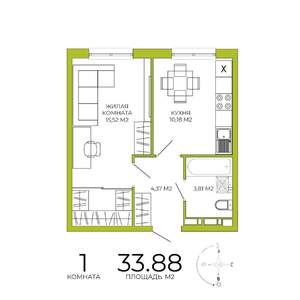 1-к квартира, вторичка, 34м2, 2/18 этаж