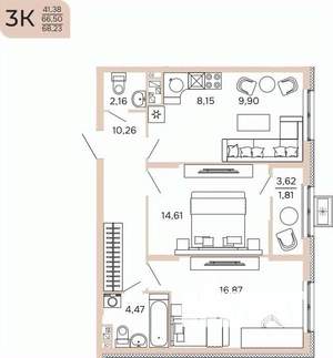 3-к квартира, вторичка, 68м2, 12/17 этаж