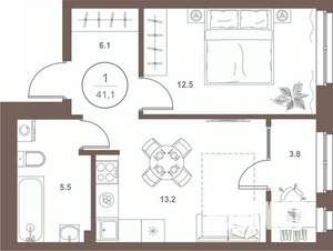 1-к квартира, вторичка, 41м2, 6/16 этаж