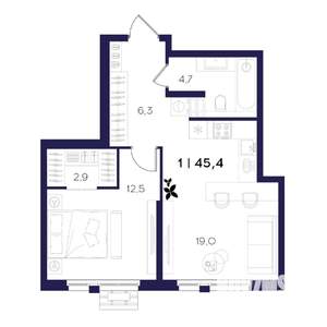 1-к квартира, вторичка, 45м2, 4/16 этаж