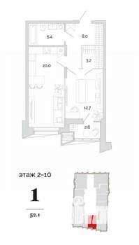 1-к квартира, вторичка, 52м2, 5/24 этаж