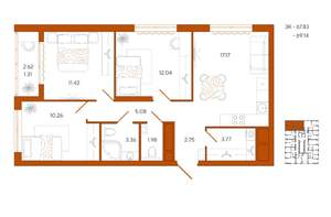 3-к квартира, вторичка, 69м2, 3/18 этаж