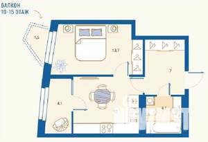 1-к квартира, вторичка, 42м2, 10/16 этаж