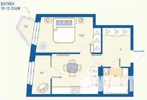1-к квартира, вторичка, 42м2, 13/16 этаж