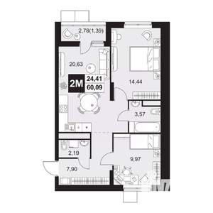 3-к квартира, вторичка, 60м2, 2/20 этаж