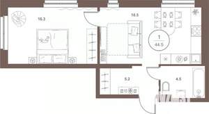 1-к квартира, вторичка, 45м2, 3/16 этаж