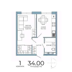 1-к квартира, строящийся дом, 34м2, 4/18 этаж