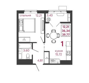 1-к квартира, вторичка, 40м2, 7/12 этаж