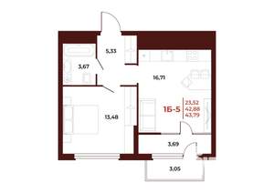 1-к квартира, вторичка, 44м2, 18/18 этаж