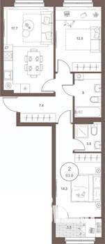 2-к квартира, вторичка, 64м2, 3/16 этаж