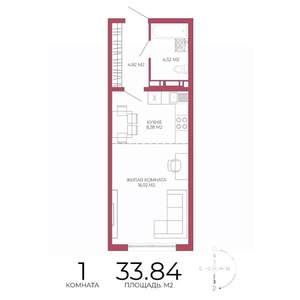 1-к квартира, строящийся дом, 34м2, 9/18 этаж