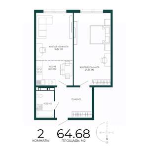 2-к квартира, строящийся дом, 65м2, 14/17 этаж