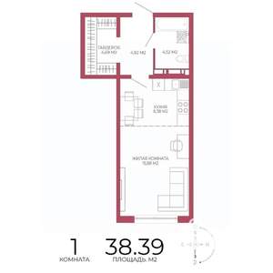 1-к квартира, строящийся дом, 38м2, 4/18 этаж